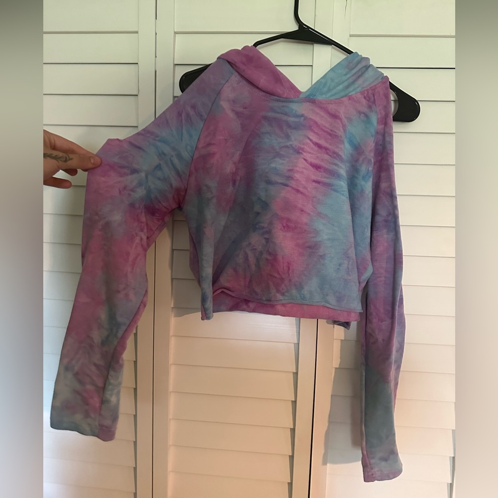 Tie-Dye open shoulder cropped Hoodie in Pink and Blue